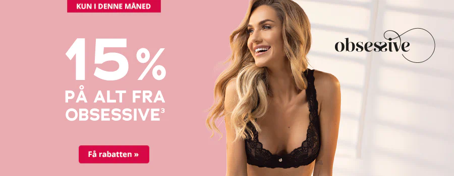 Two-part advertisement. There is a pink background with large white text "15% off everything from Obsessive" on one side. There is a female model on the other side. She has blonde hair and is wearing a black lace lingerie set. She is laughing. The Obsessive logo is also depicted. There is a short element with a red background at the top with the words "This month only". There is a call-to-action button at the bottom with a red background and the words "Get the discount »".