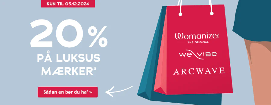 Advertisement for discounts on luxury brands. The central image is a red shopping bag with the 'Womanizer', 'We-Vibe' and 'Arcwave' logos on it. The advertisement says “20 % off luxury brands” in large white letters. There is a call-to-action button with a red background at the bottom and the words “Get it »”.