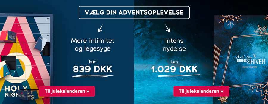 Advertisement to choose between two different Advent calendar experiences. It says “Pick your Advent experience” at the top. There is a dark blue background on one side with the text “More intimacy and playfulness” next to a colourful Advent calendar. There is a call-to-action button below this option with a red background that says “Advent calendar only 109€”. There is another option on the other side. The text “Intense pleasure” is next to a blue Advent calendar on a turquoise background. There is also a red call-to-action button underneath this with the text “Advent calendar only 129€”.