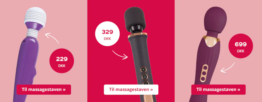 Advertising material in three parts. Three different massage wands are shown on the advertising material. Two have a pink background and the massage stick in the middle has a red background. One massage stick is purple and has a price of €24.95 highlighted in red. In the middle is a black massage stick with a white background and a price of €44.95. Next to it is a purple massage stick with a price of €99.95 highlighted in red