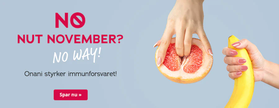 Advertisement with a light blue background and large red and white text that says: “NO NUT NOVEMBER? NO WAY!”. It also says “Masturbation boosts the immune system!” in black letters underneath it. There is also a hand holding half a grapefruit. Two fingers are inserted into the grapefruit. There is another hand holding a banana next to it. There is a red call-to-action button at the bottom with the words “Save now »”.