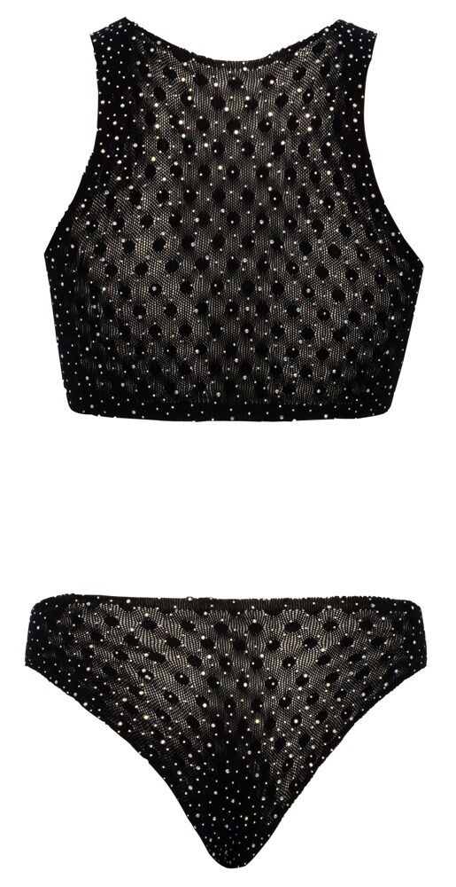 Top plus trusser med skinnende rhinestone-besætning over det hele