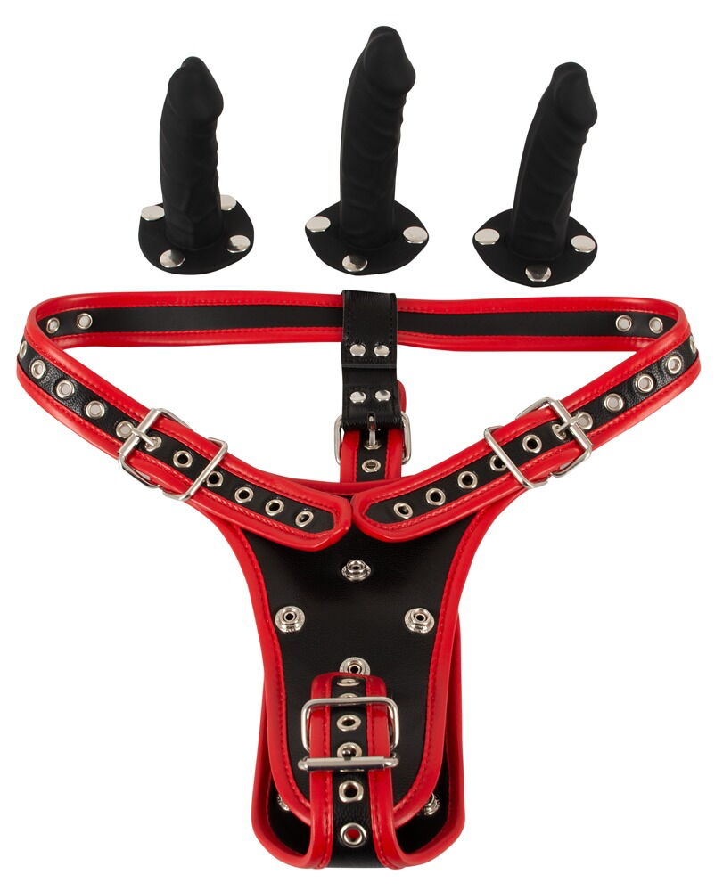 Strap-on g-streng plus 3 aftagelige silikone-dildoer