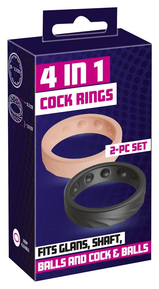 2-delt sæt "4in1 Cock Rings" med strækbare silikoneringe til glans, penis og testikler